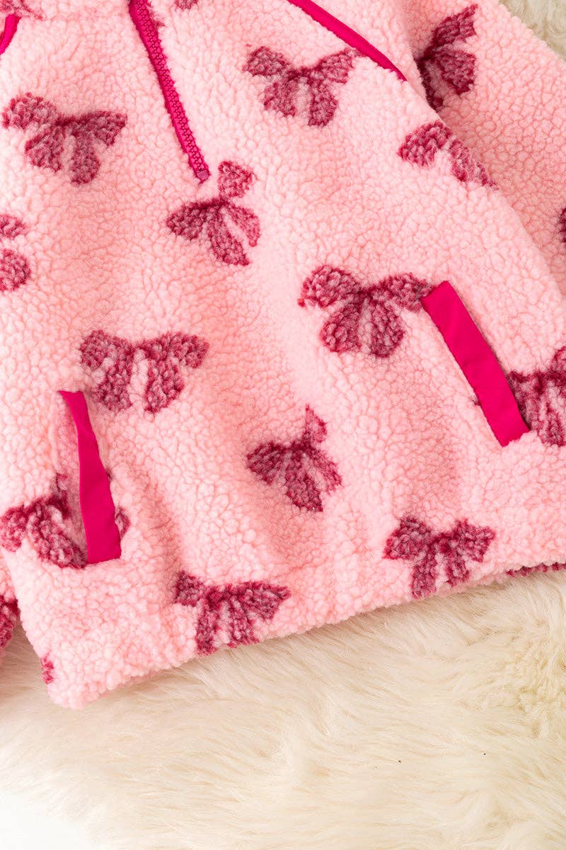 Girls Fuchsia coquette bow sherpa pullover.