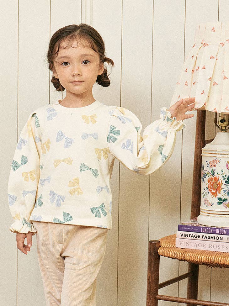 Lena Ribbon Print Ruffled Cuff Fleeced sweatshirt
