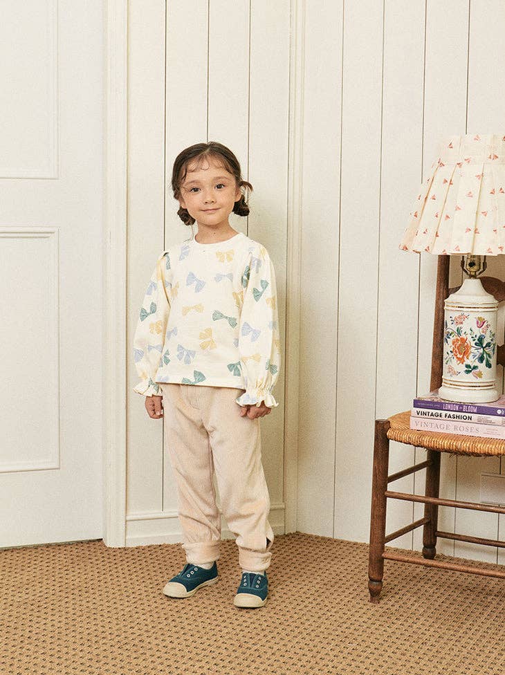 Lena Ribbon Print Ruffled Cuff Fleeced sweatshirt
