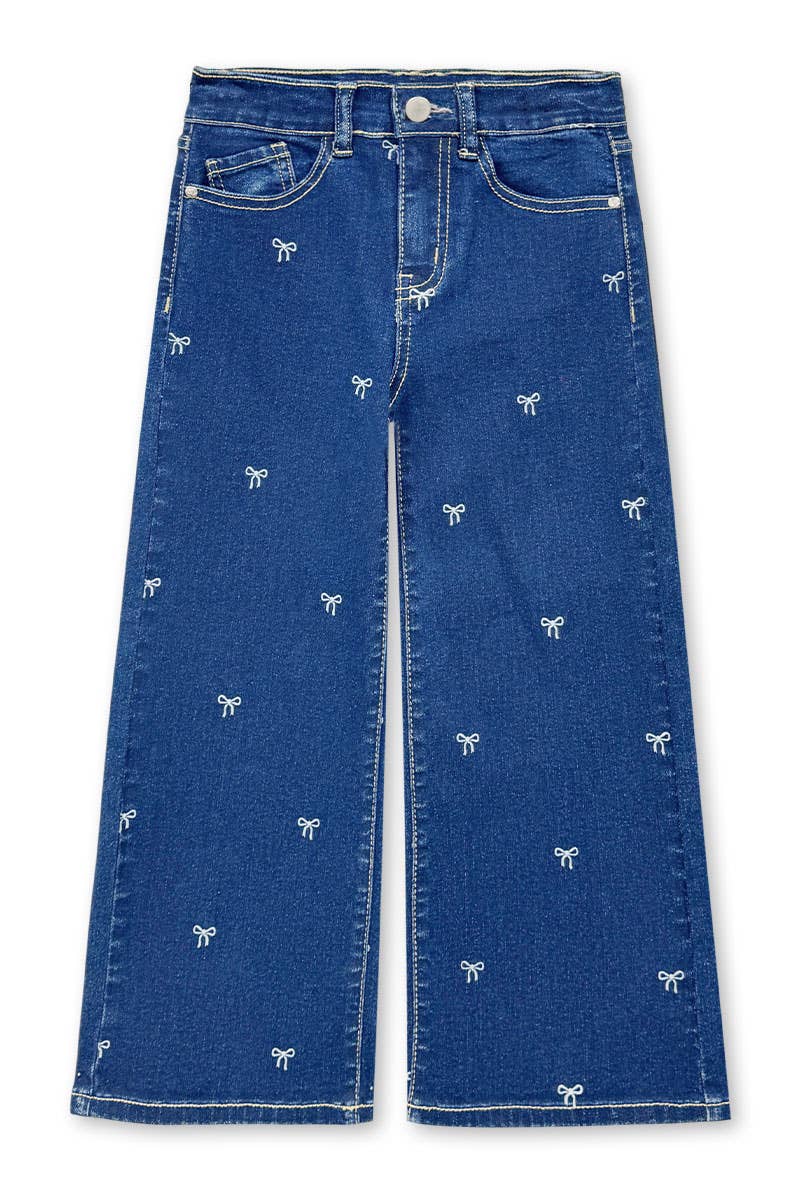 Girl's Wide Leg Bow Print Denim Jean