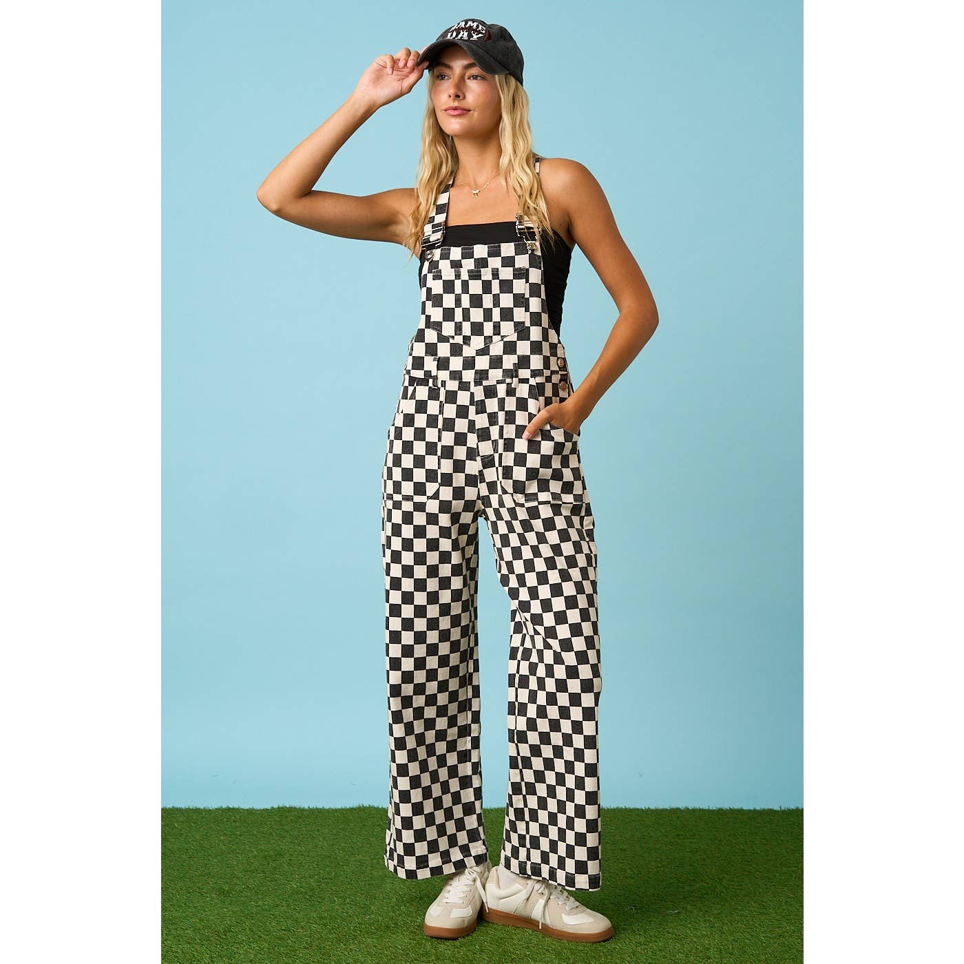 CHECKERED WIDE LEG BIB OVERALLS