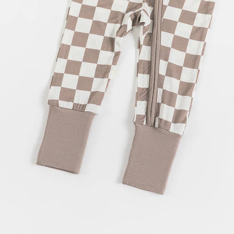 Light Gray Checkerboard Design Bamboo Zipper Romper Pajamas