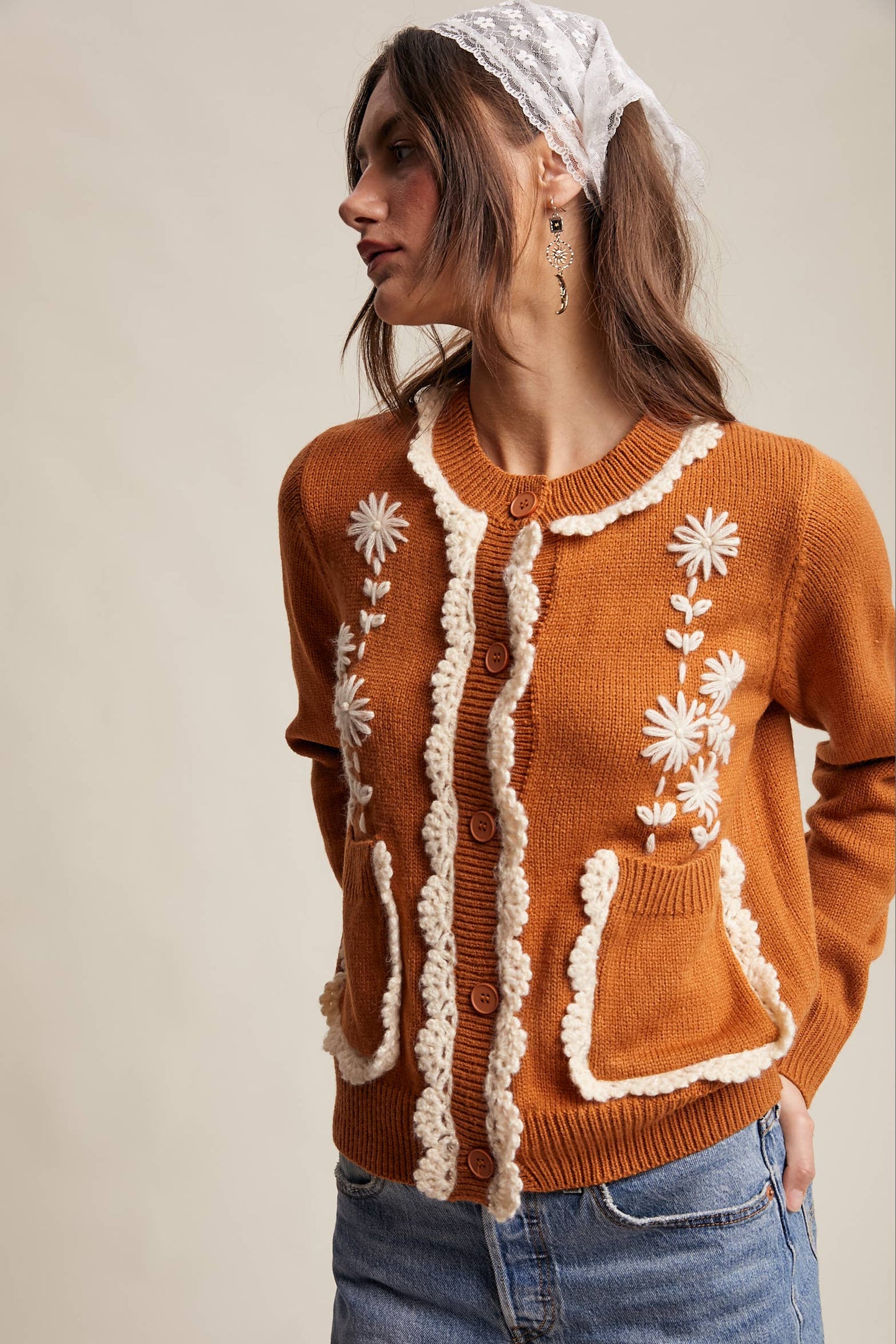 Daisy Embroidered Trim Cardigan Sweater