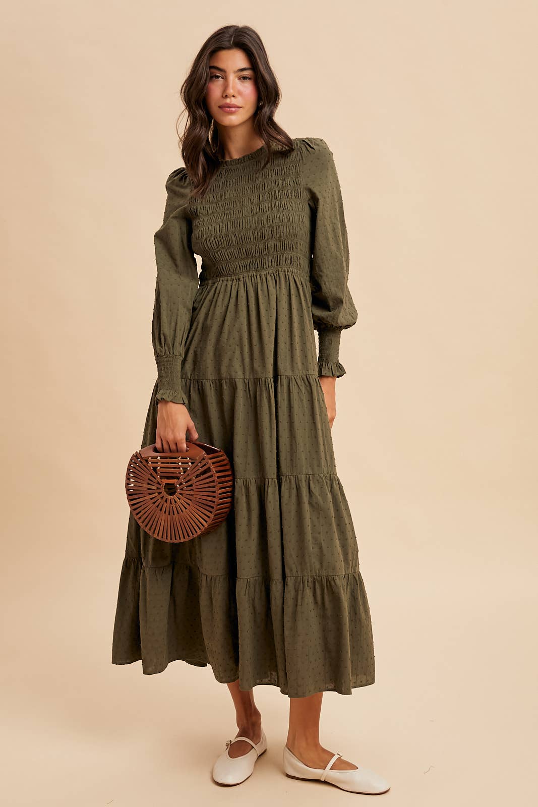 SMOCKED SWISS DOT MAXI DRESS