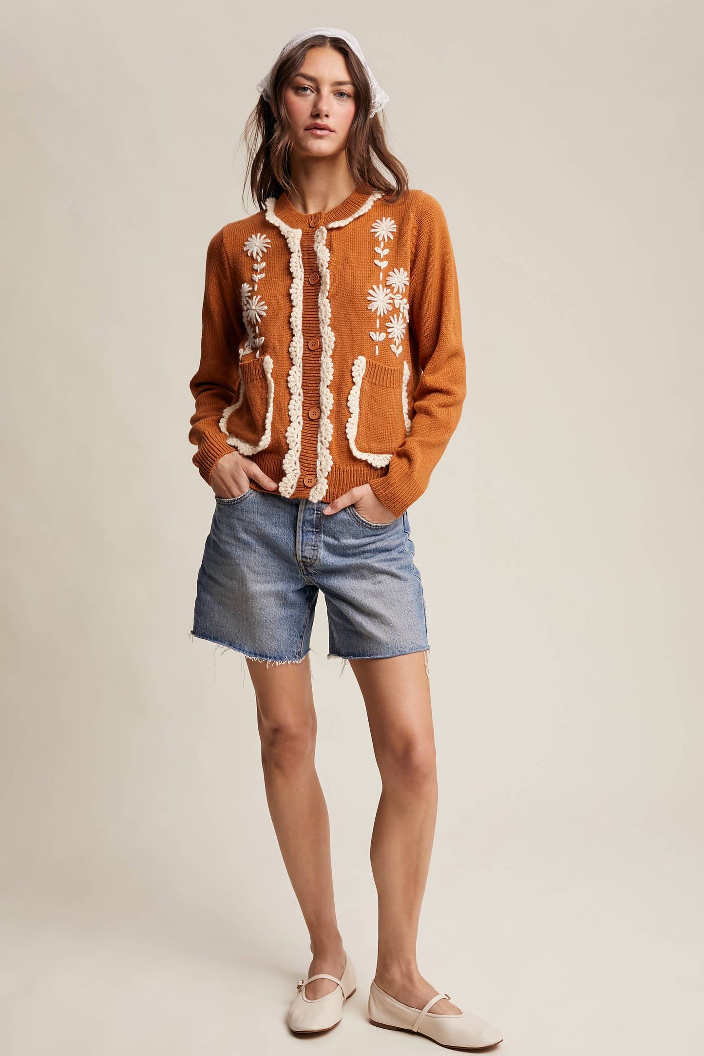 Daisy Embroidered Trim Cardigan Sweater