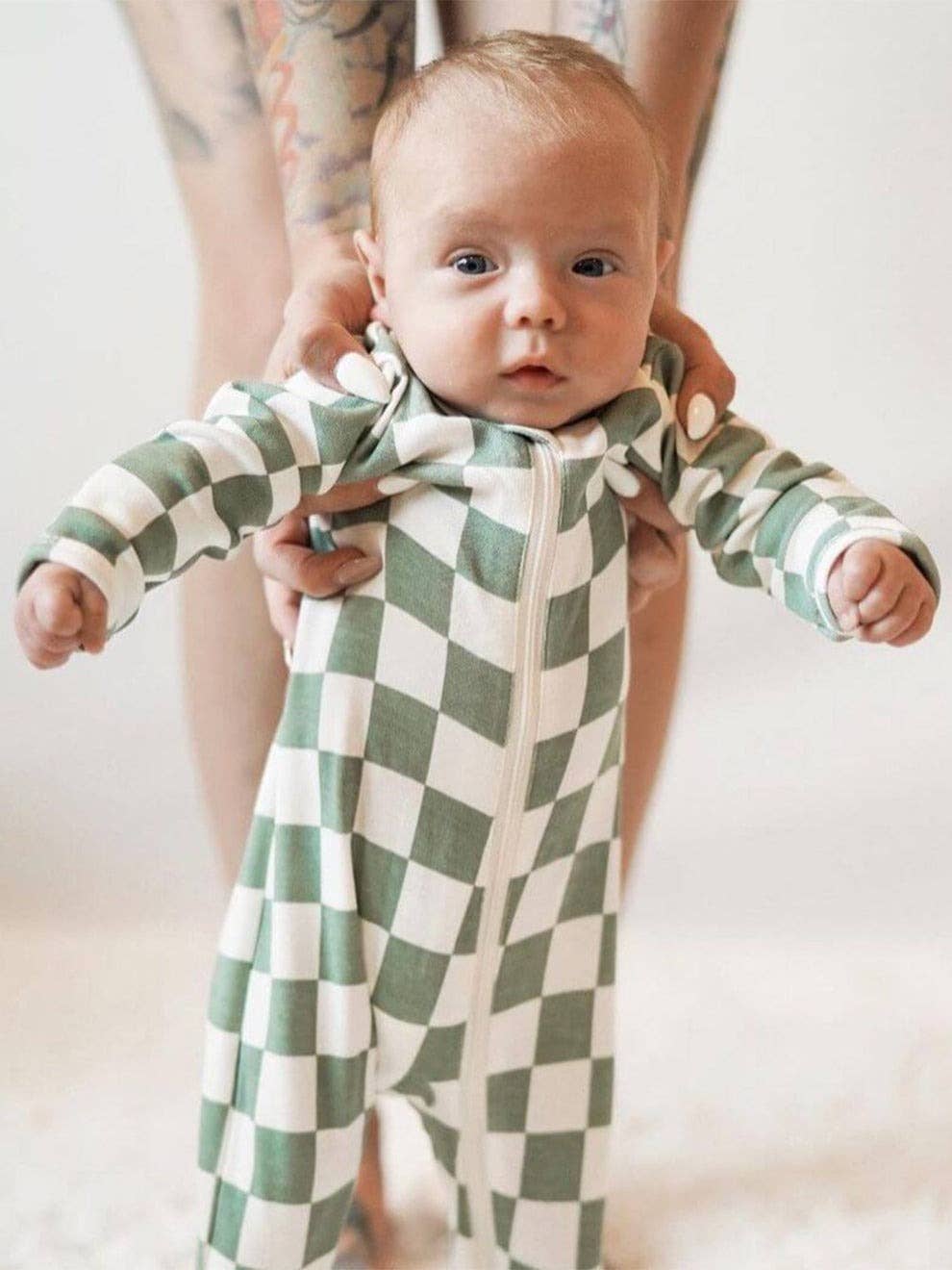Matcha Milkshake Checkerboard / Organic Zip Footie (Baby)