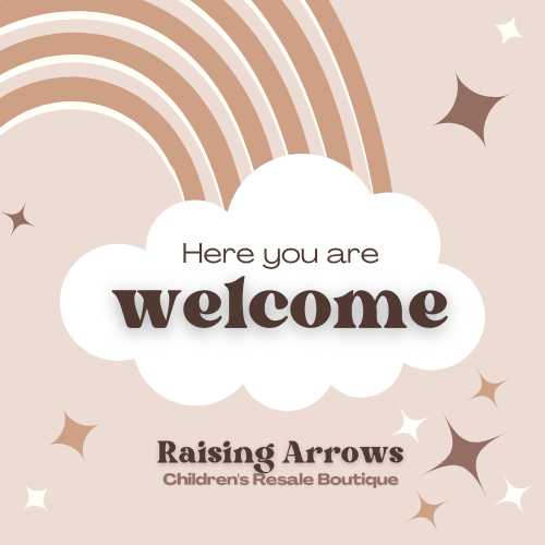 graphic with a rainbow stars and the words "here you are welcome"