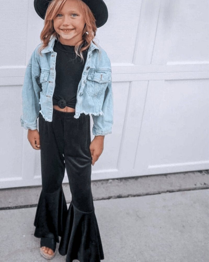 PLEATED VELOUR BELL BOTTOMS - BLACK