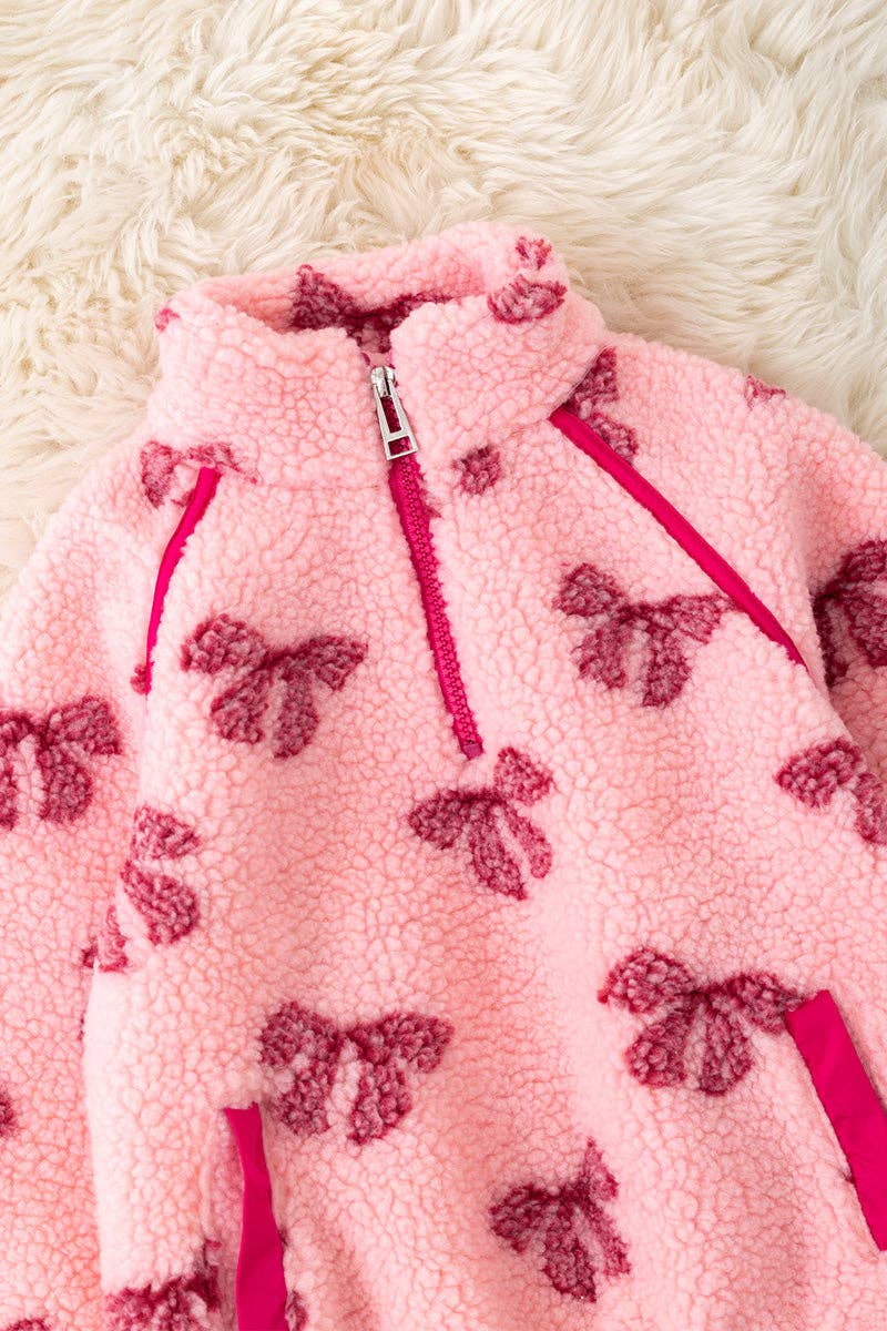 Girls Fuchsia coquette bow sherpa pullover.