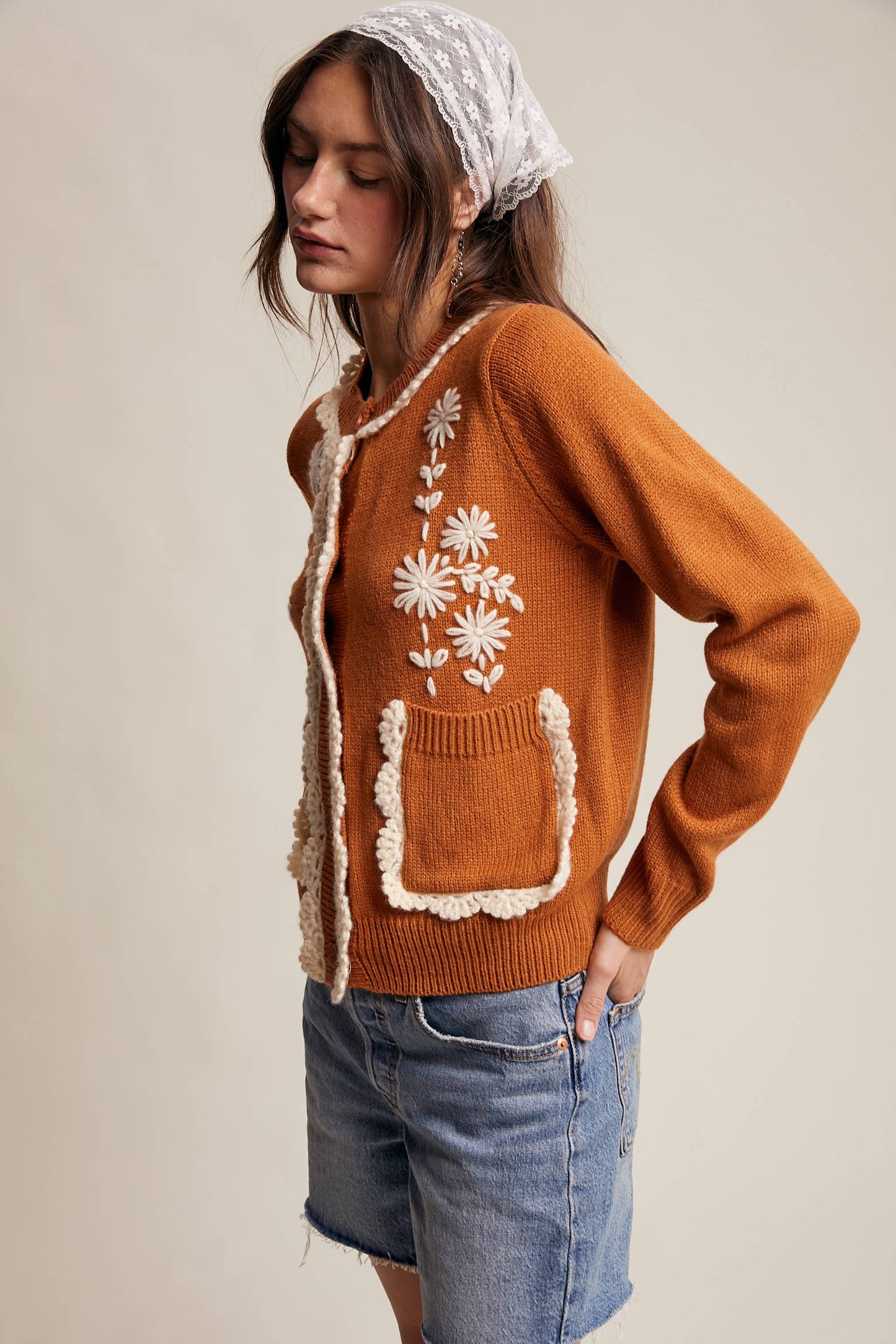 Daisy Embroidered Trim Cardigan Sweater