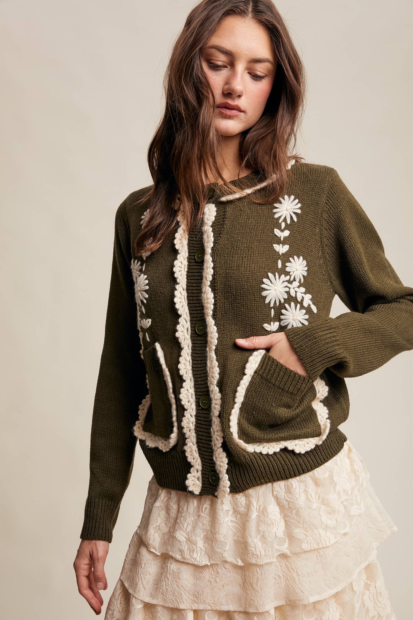 Daisy Embroidered Trim Cardigan Sweater