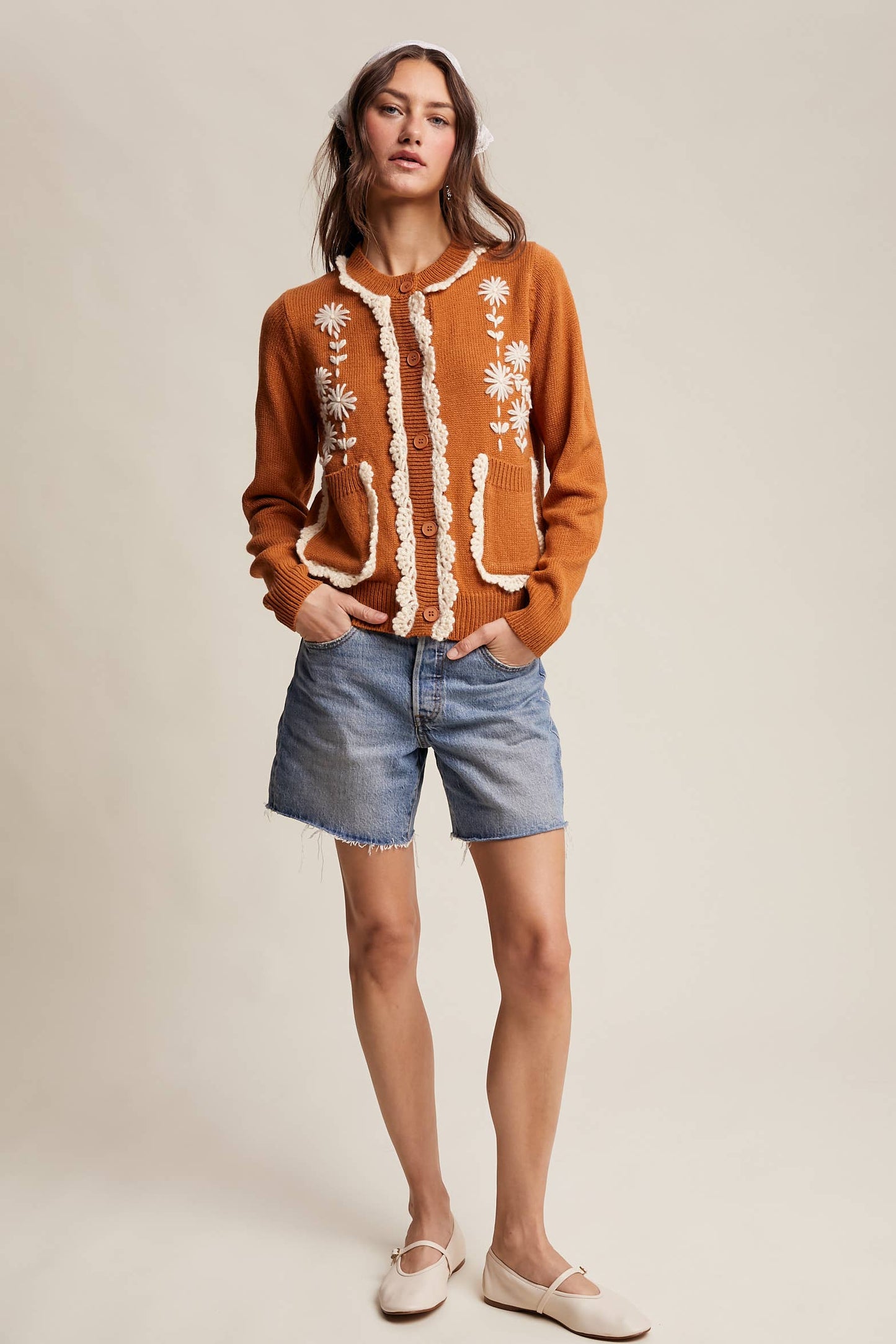 Daisy Embroidered Trim Cardigan Sweater