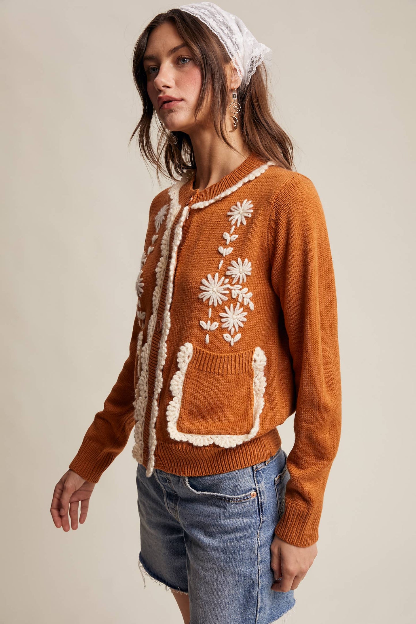 Daisy Embroidered Trim Cardigan Sweater