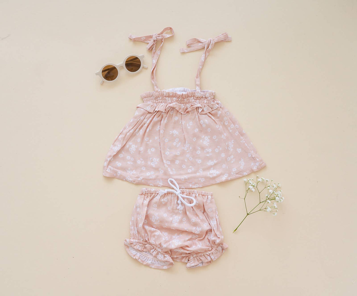 Bamboo Muslin Tie Dress - Cream Tan Floral