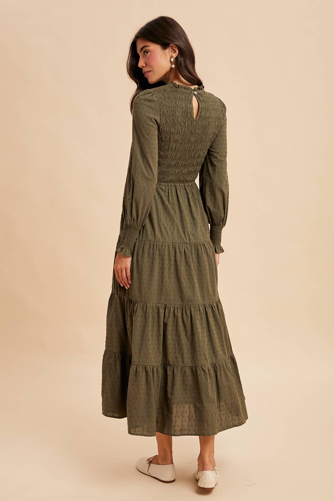 SMOCKED SWISS DOT MAXI DRESS