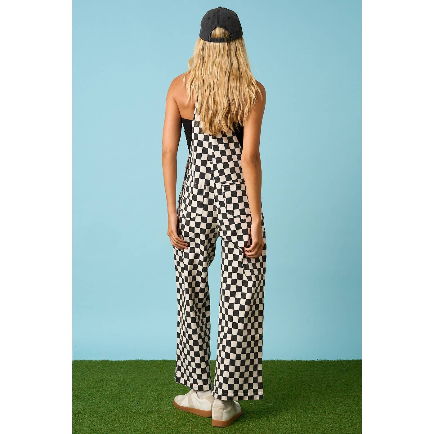 CHECKERED WIDE LEG BIB OVERALLS