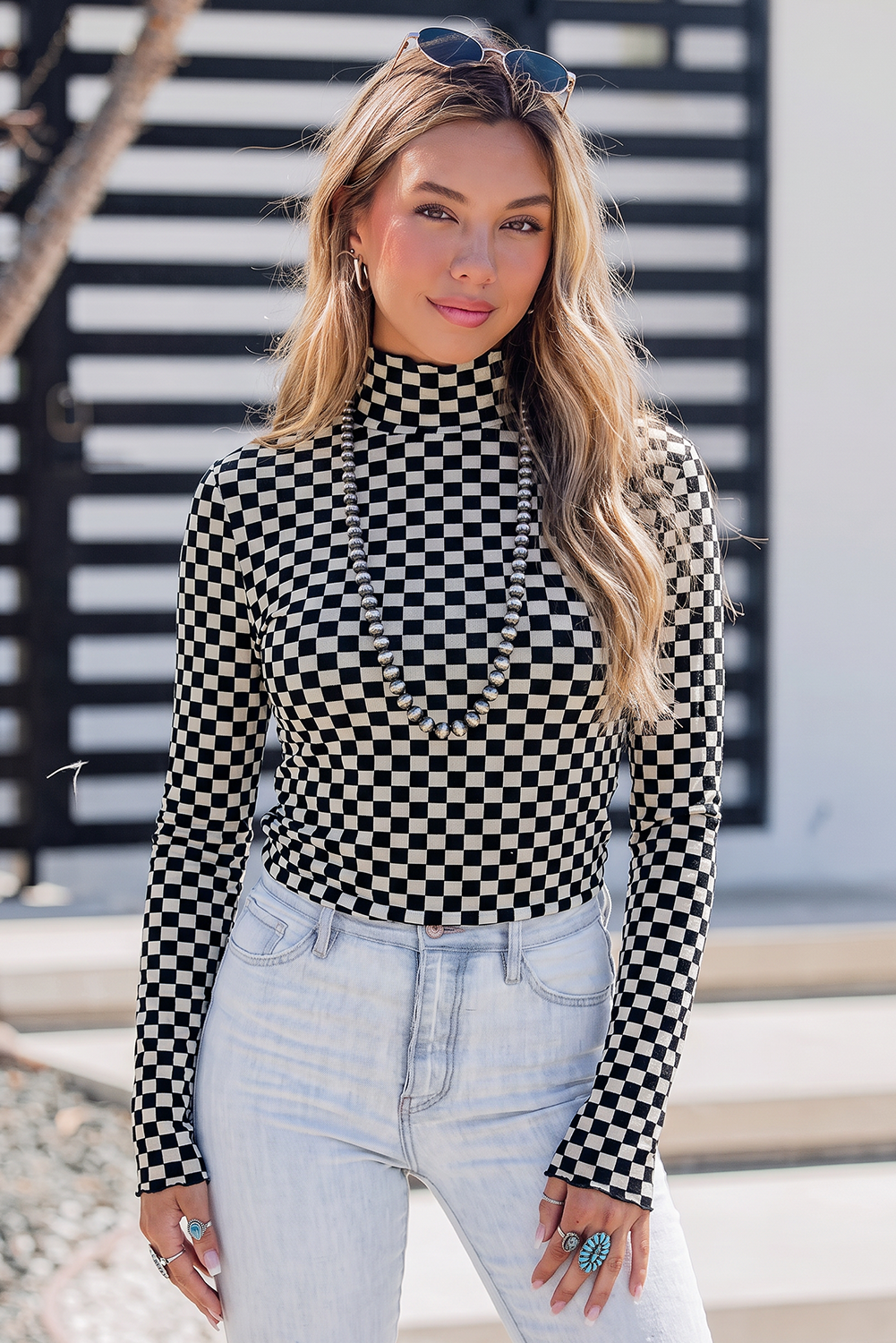 Plaid Stand Neck Long Sleeve Mesh Top