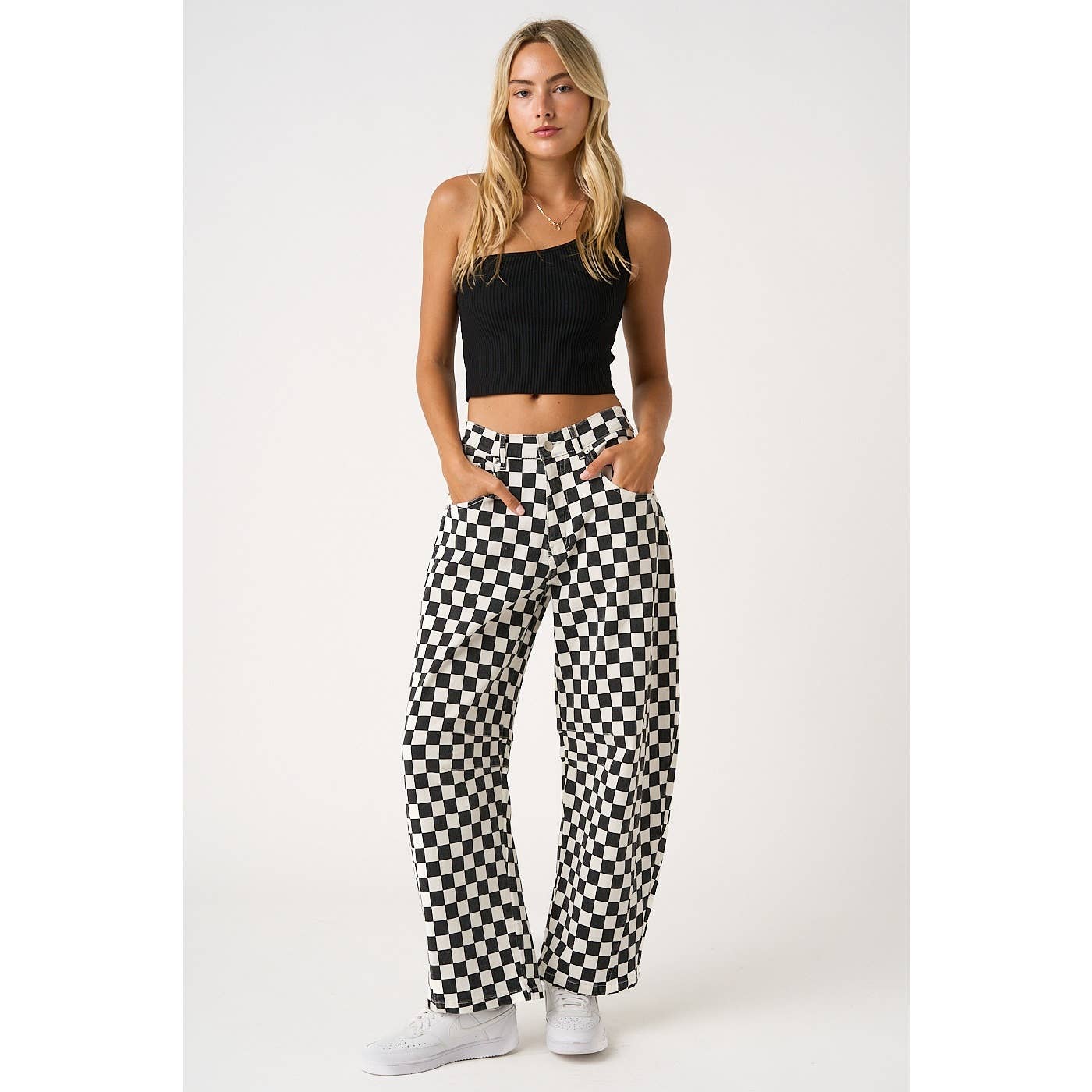 CHECKERED ELASTIC WAIST BARREL PANTS