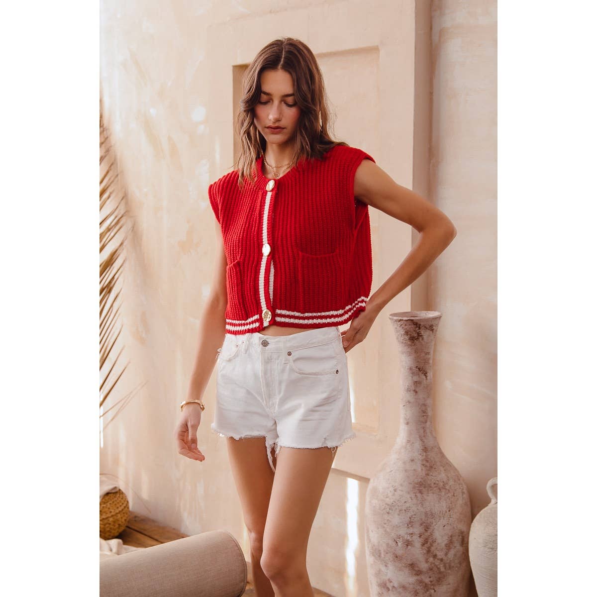 BIG METAL BUTTON FRONT STRIPE EDGE KNITTED SWEATER VEST TOP