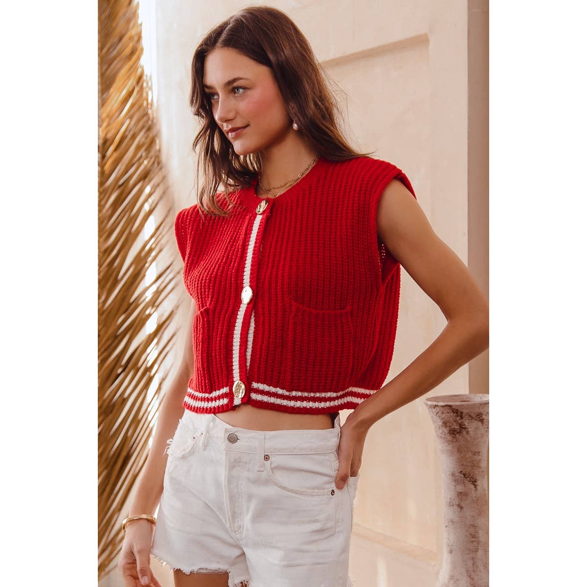 BIG METAL BUTTON FRONT STRIPE EDGE KNITTED SWEATER VEST TOP