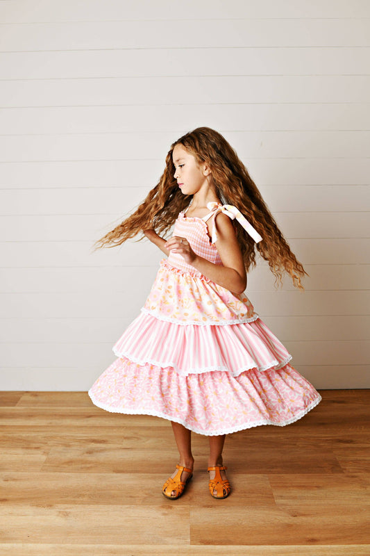 Kids Anna Pink Daisy Layered Lace Spring Summer Sundress