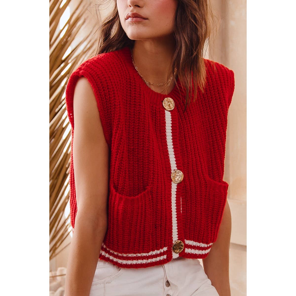 BIG METAL BUTTON FRONT STRIPE EDGE KNITTED SWEATER VEST TOP