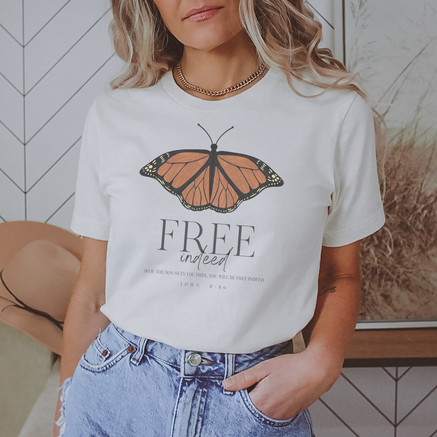 Free Indeed Monarch Butterfly Bible Verse Womens Graphic Tee
