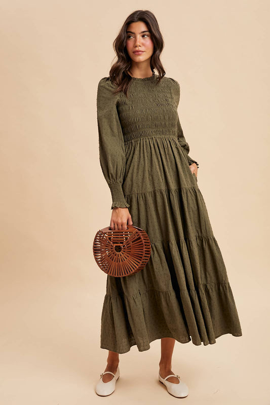 SMOCKED SWISS DOT MAXI DRESS