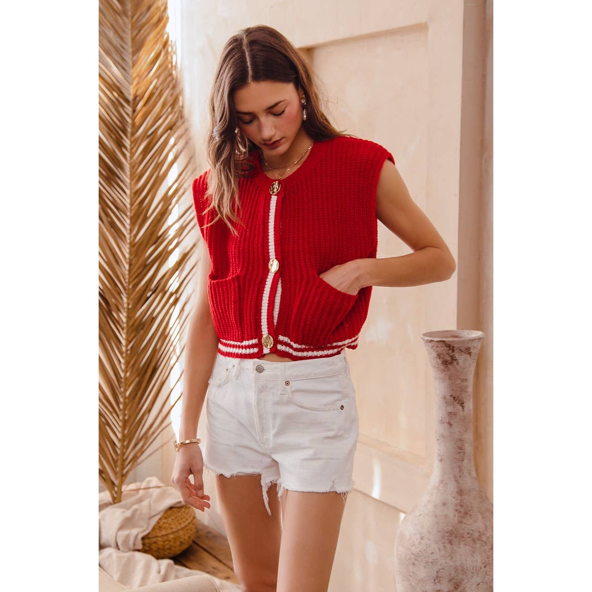 BIG METAL BUTTON FRONT STRIPE EDGE KNITTED SWEATER VEST TOP