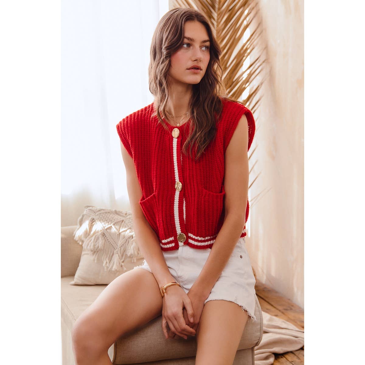 BIG METAL BUTTON FRONT STRIPE EDGE KNITTED SWEATER VEST TOP