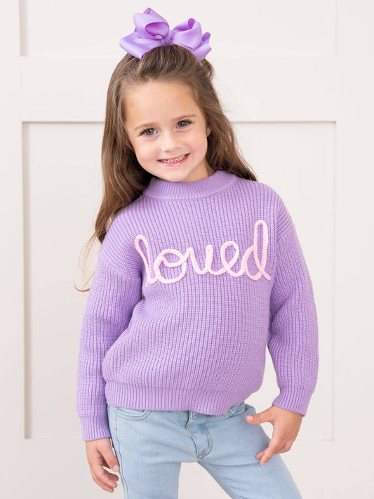 Lilac Embroidered "Loved" Sweater