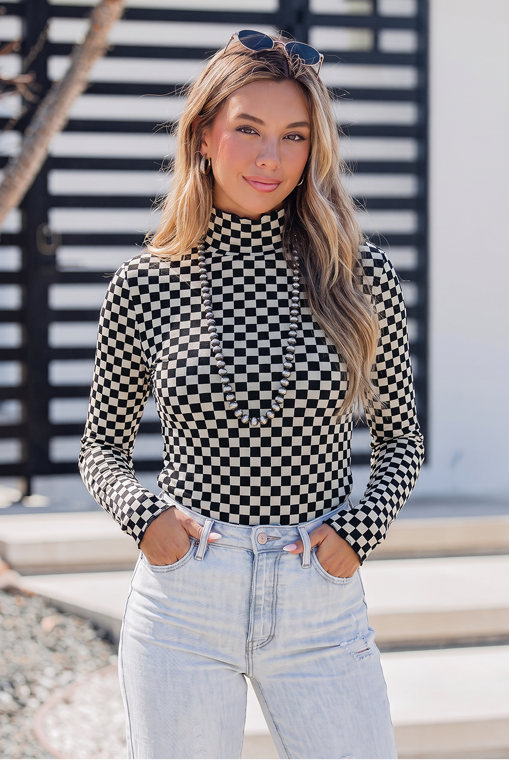 Plaid Stand Neck Long Sleeve Mesh Top