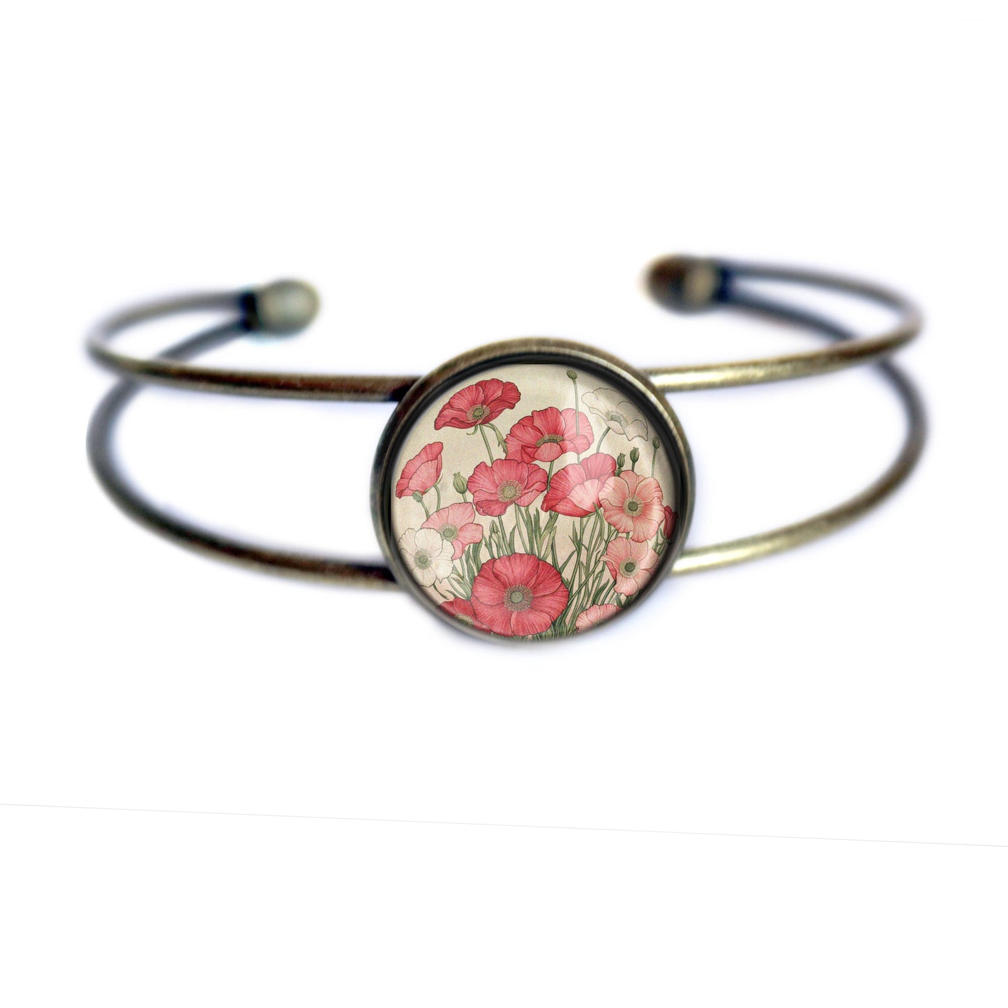 Pink and Red Poppy Flowers Glass Cabochon Cuff Bracelet