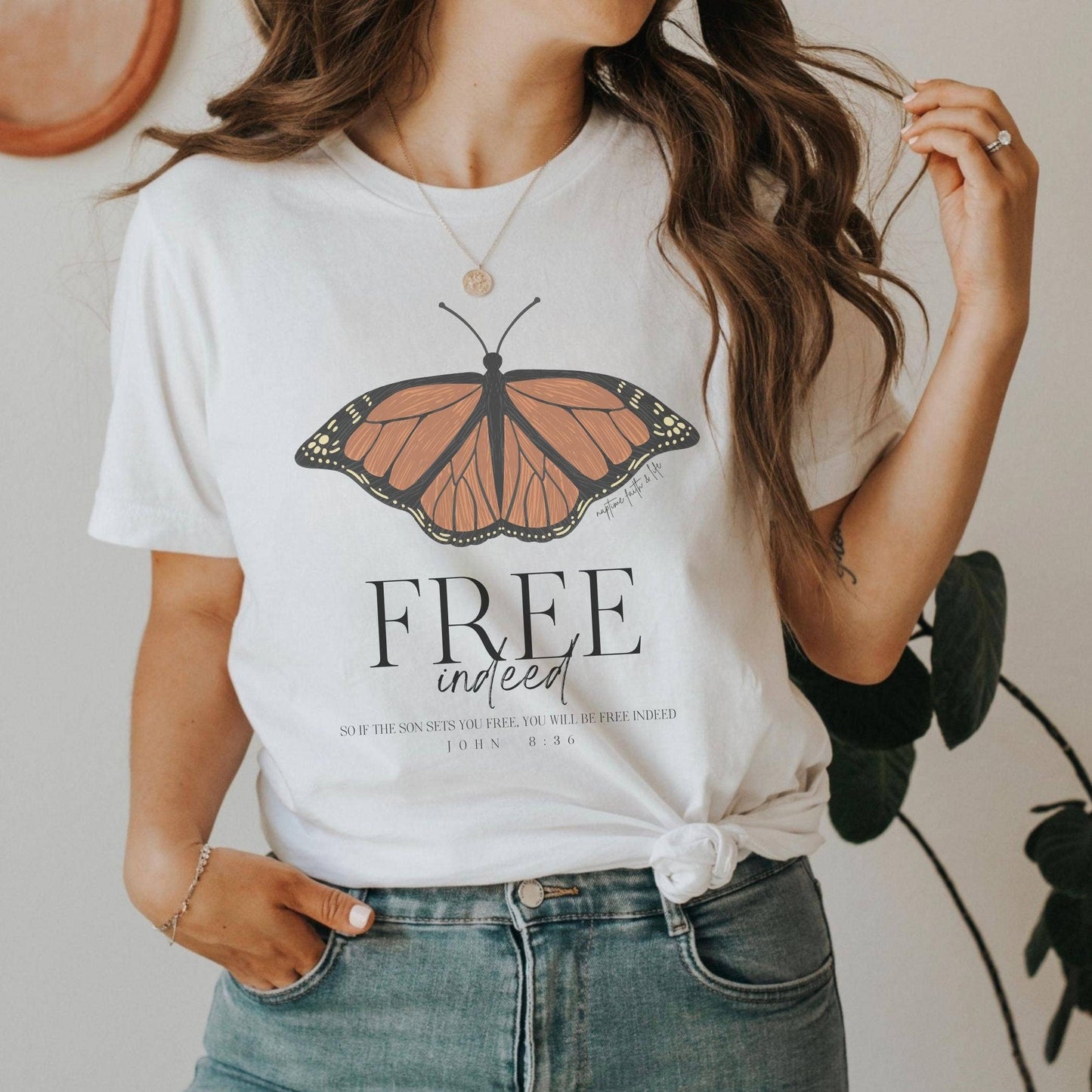 Free Indeed Monarch Butterfly Bible Verse Womens Graphic Tee