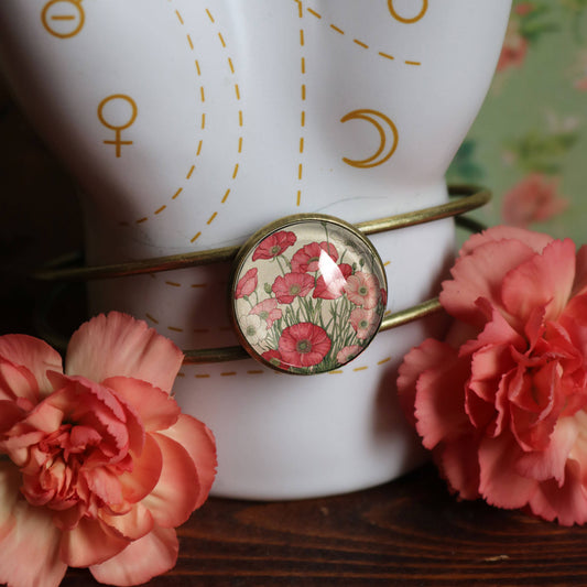 Pink and Red Poppy Flowers Glass Cabochon Cuff Bracelet
