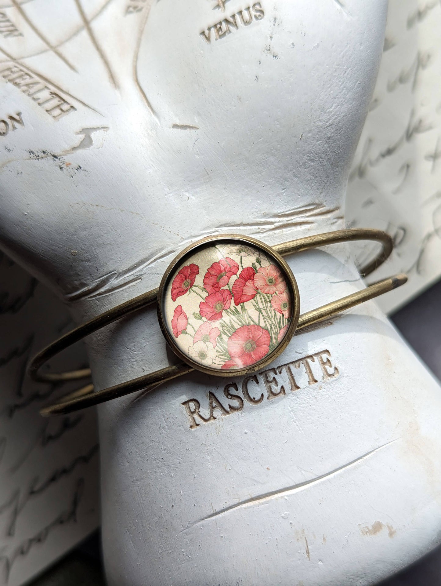 Pink and Red Poppy Flowers Glass Cabochon Cuff Bracelet