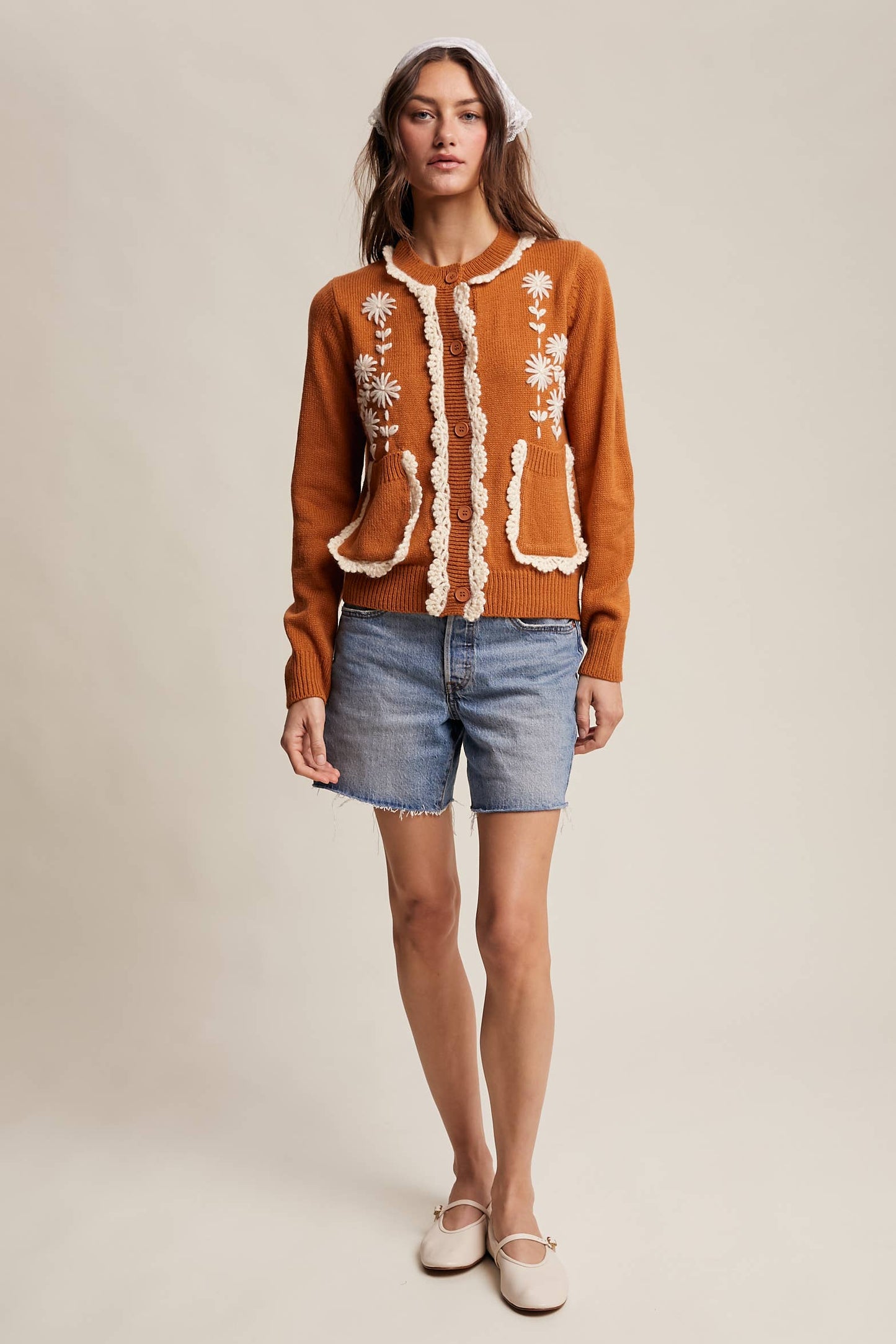Daisy Embroidered Trim Cardigan Sweater