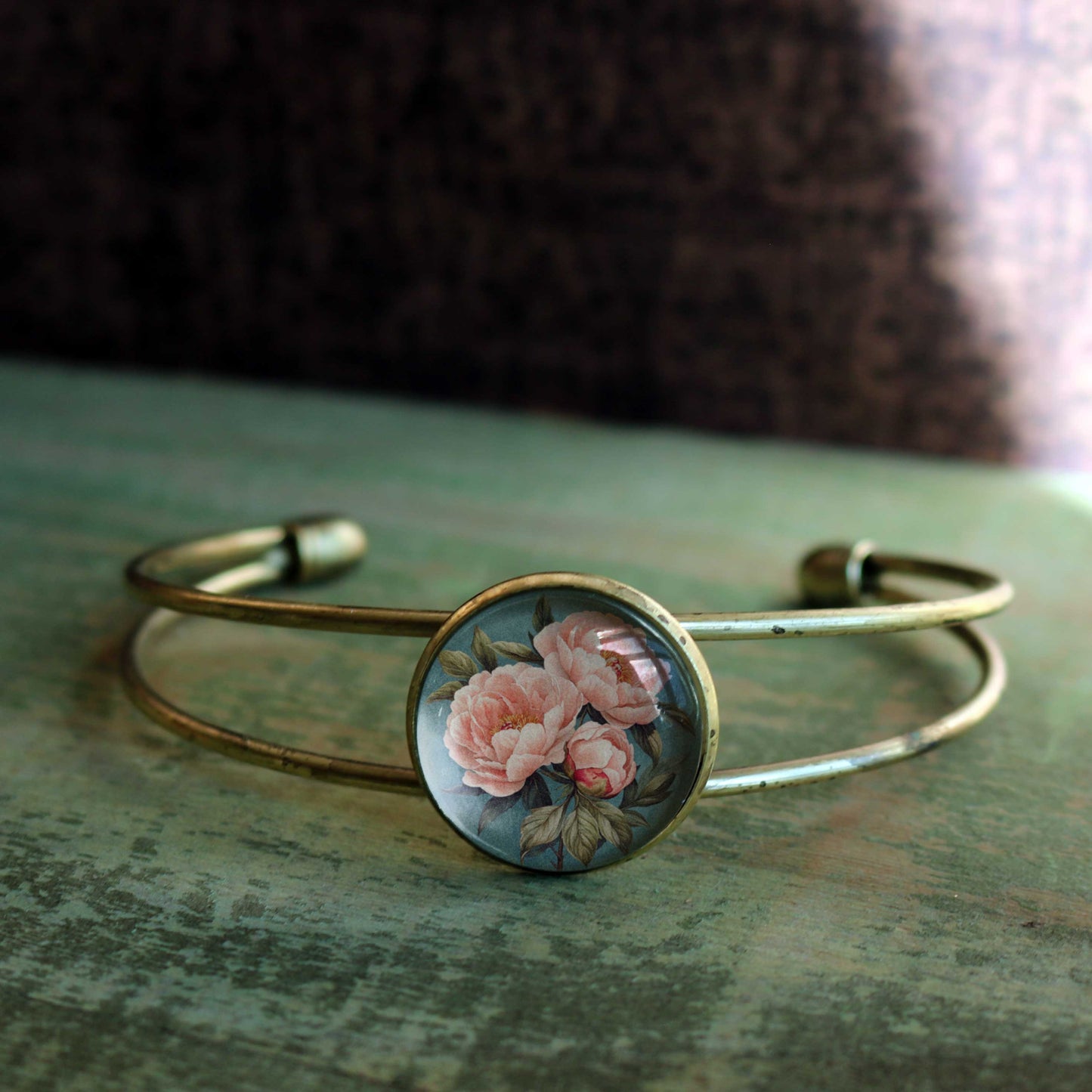 Pink Peony Spring Glass Cabochon Cuff Bracelet