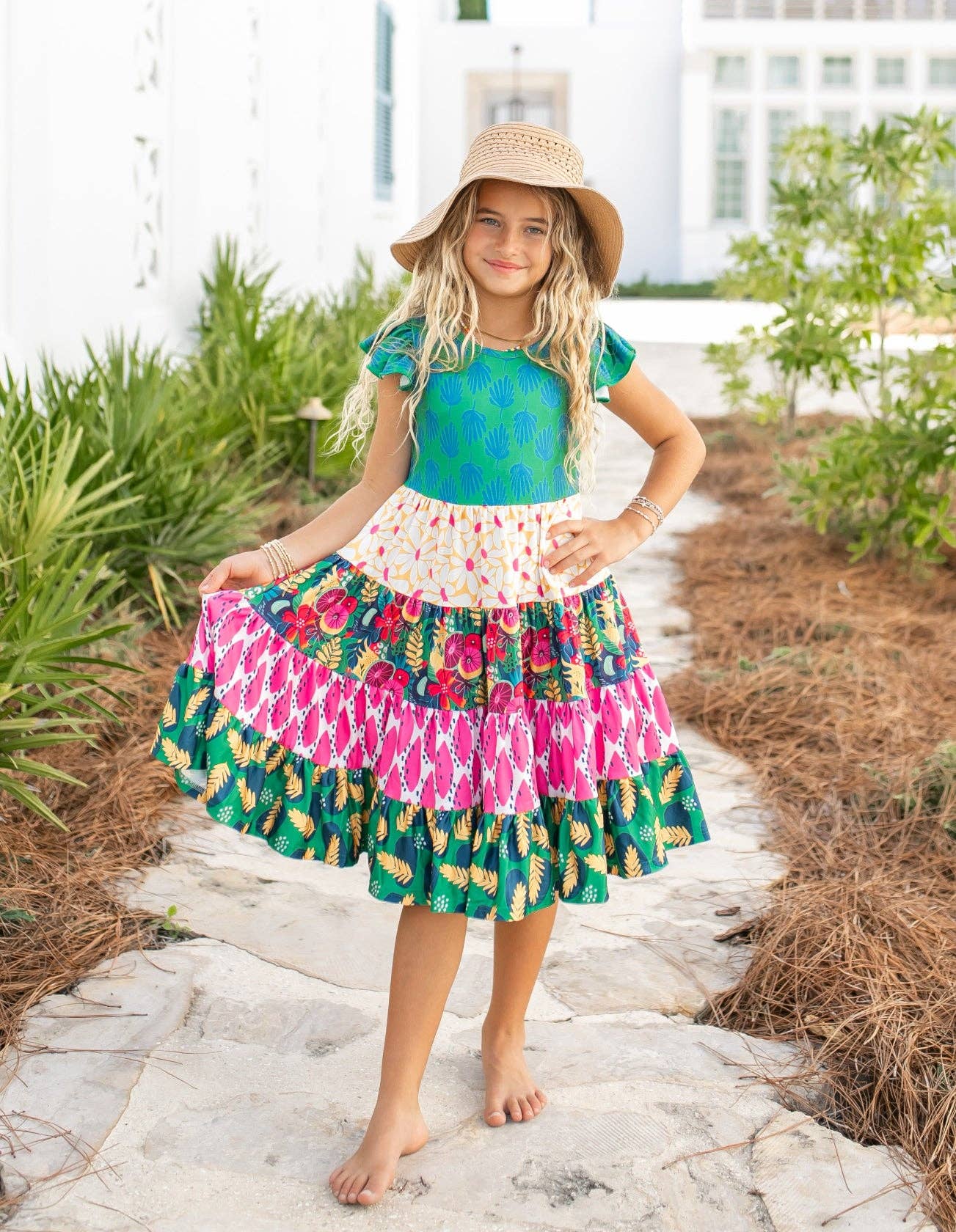 Kids Bright Pink & Green Tropical Tiered Spring Dress