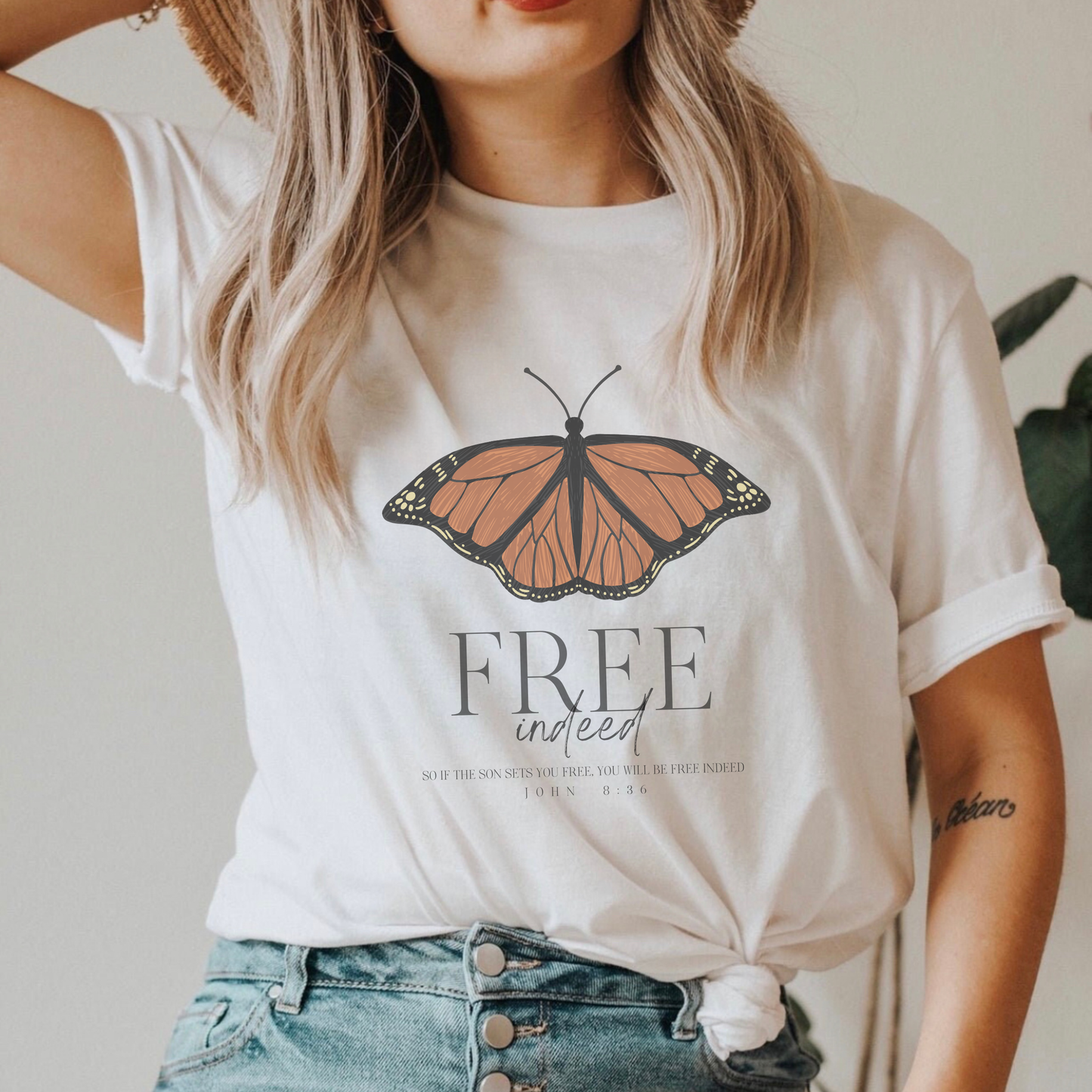 Free Indeed Monarch Butterfly Bible Verse Womens Graphic Tee
