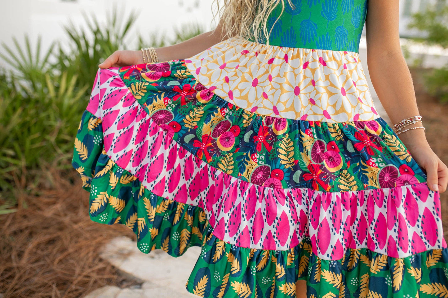 Kids Bright Pink & Green Tropical Tiered Spring Dress