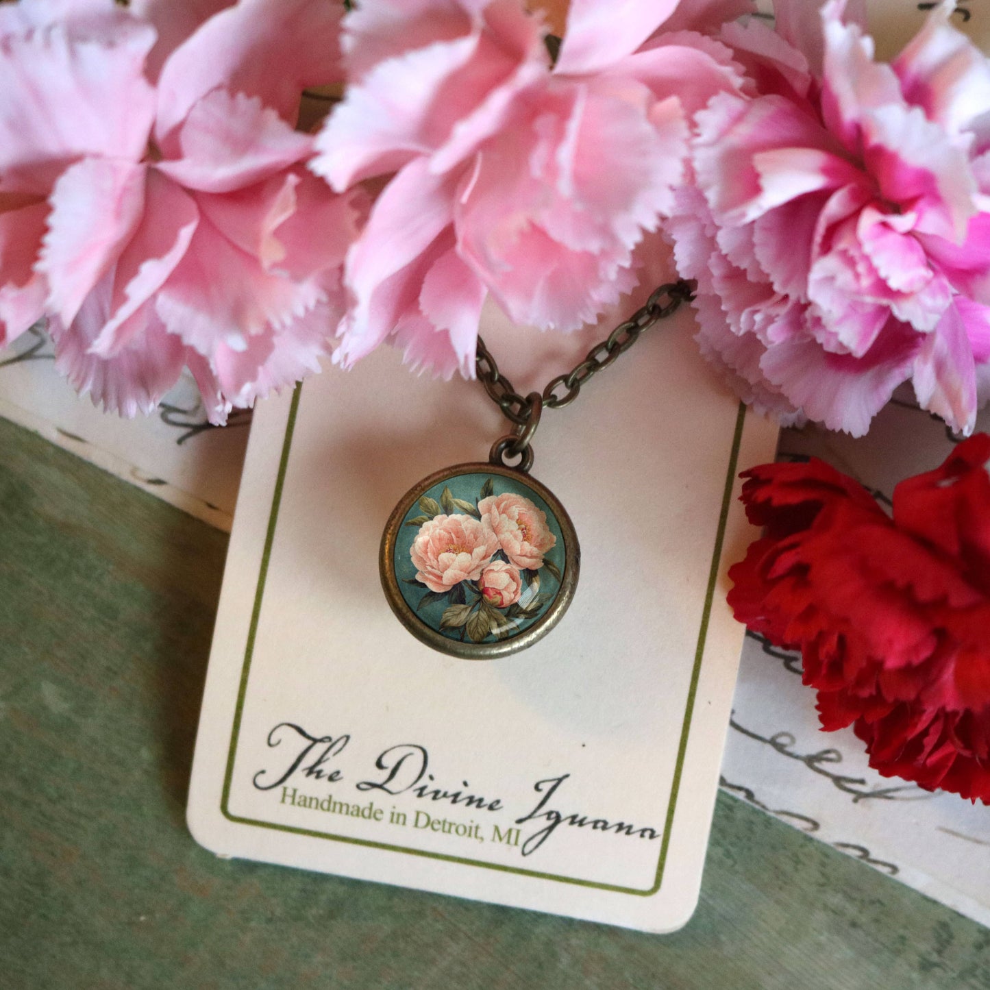 Pink Peony Simple Reversible Spring Pendant Necklace