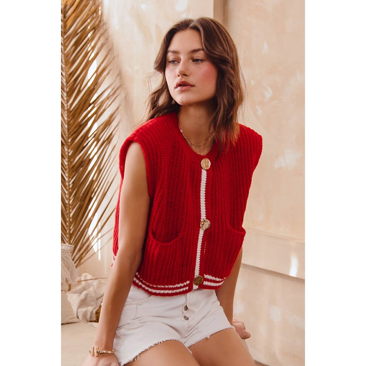 BIG METAL BUTTON FRONT STRIPE EDGE KNITTED SWEATER VEST TOP