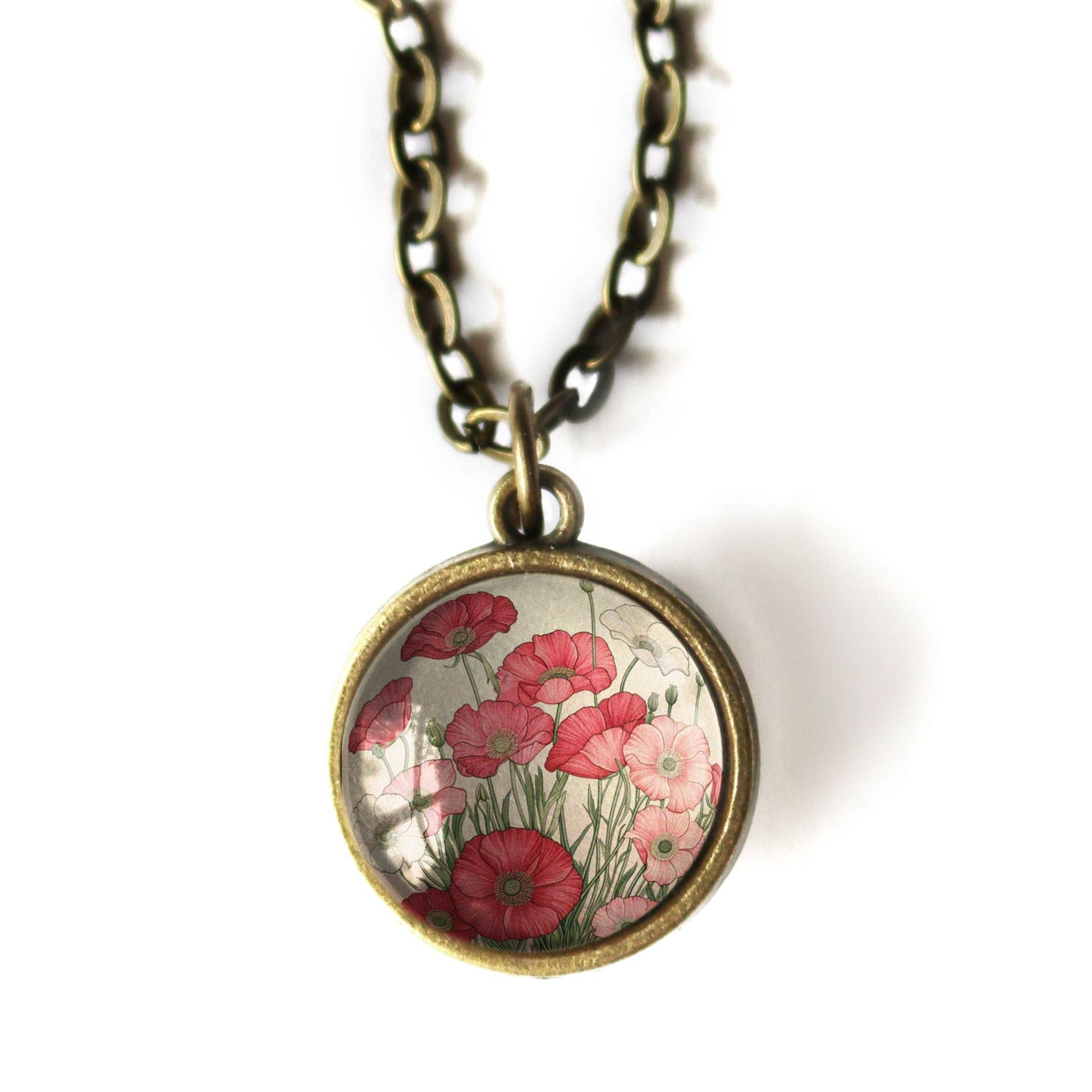 Pink Poppy Flower Simple Reversible Glass Cabochon Necklace