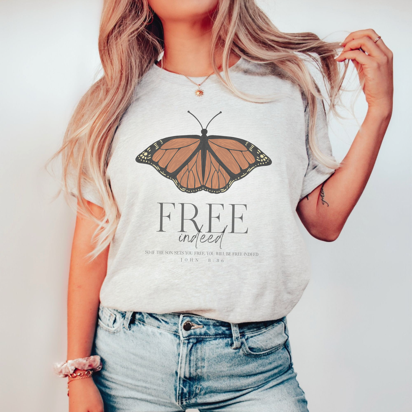 Free Indeed Monarch Butterfly Bible Verse Womens Graphic Tee