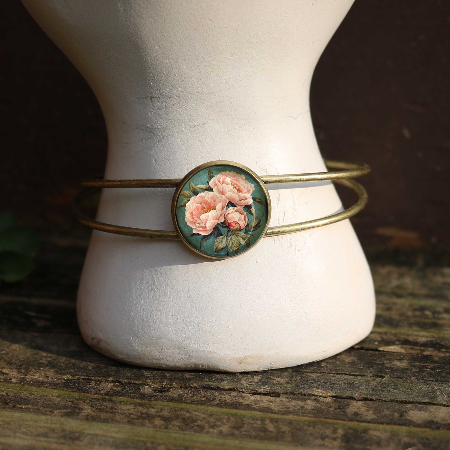 Pink Peony Spring Glass Cabochon Cuff Bracelet