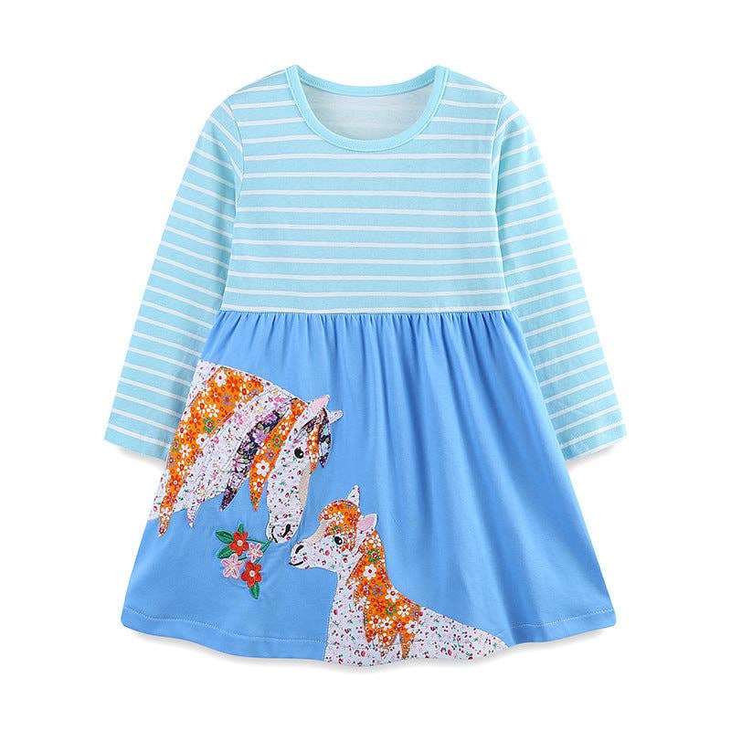 Girls Long Sleeve Cotton Dress with Pony Embroidery