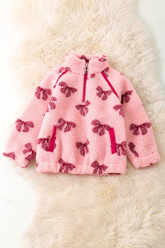 Girls Fuchsia coquette bow sherpa pullover.