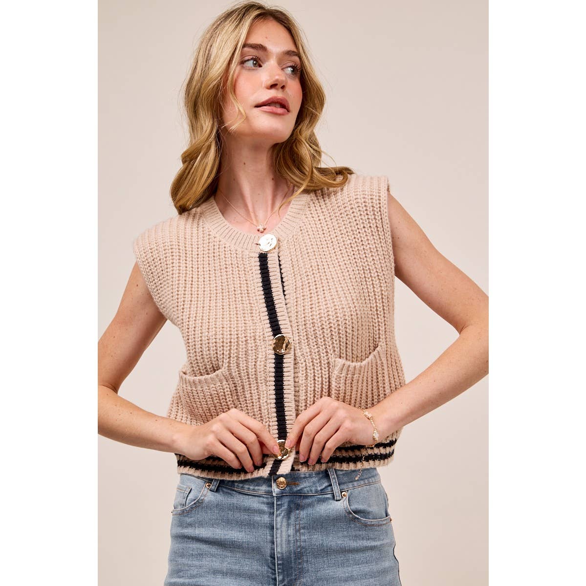 BIG METAL BUTTON FRONT STRIPE EDGE KNITTED SWEATER VEST TOP