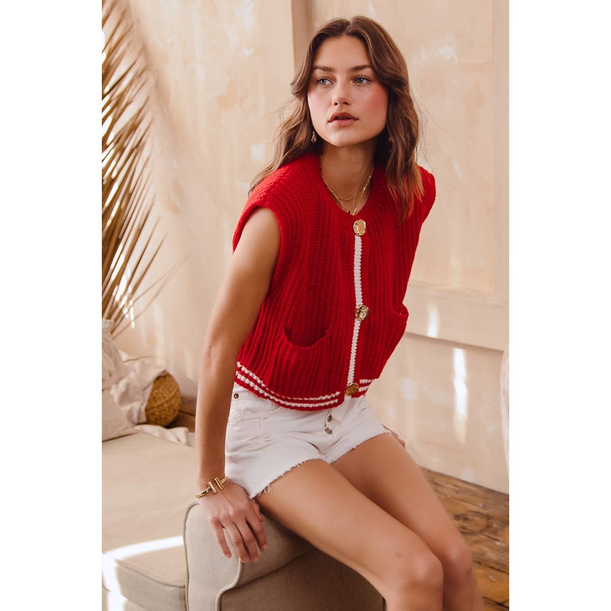 BIG METAL BUTTON FRONT STRIPE EDGE KNITTED SWEATER VEST TOP